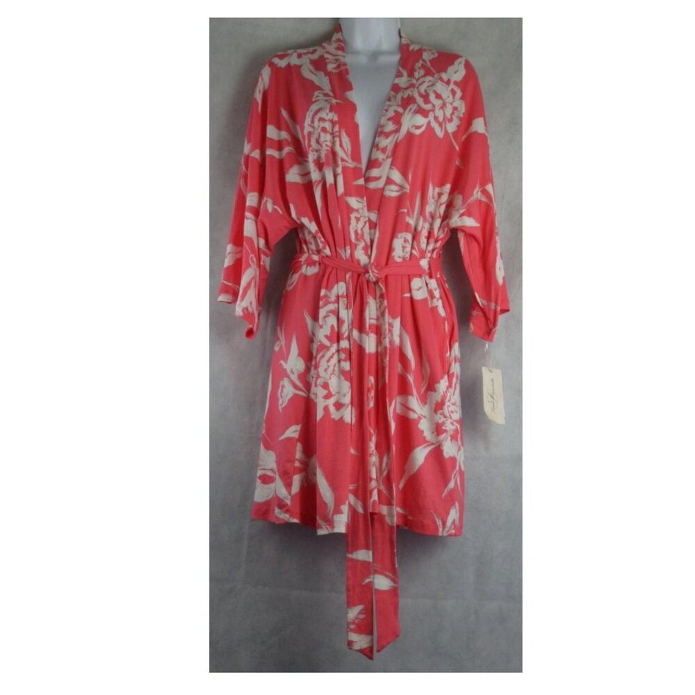 NWT Linea Donatella Women's 3/4 Sleeve Short Robe, Coral Floral, Small to Medium